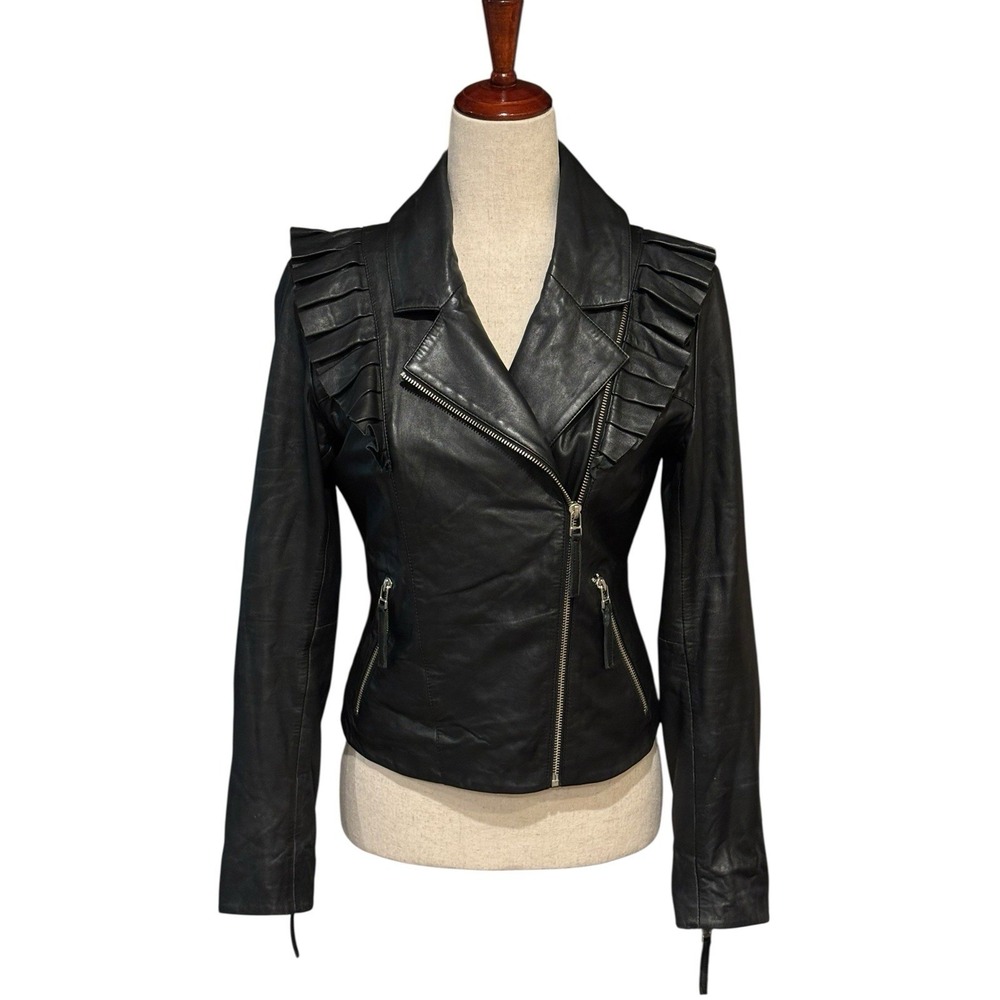 Just Female Rosa‎ Lamb Leather Ruffle Jacket Black Women's Size XS
